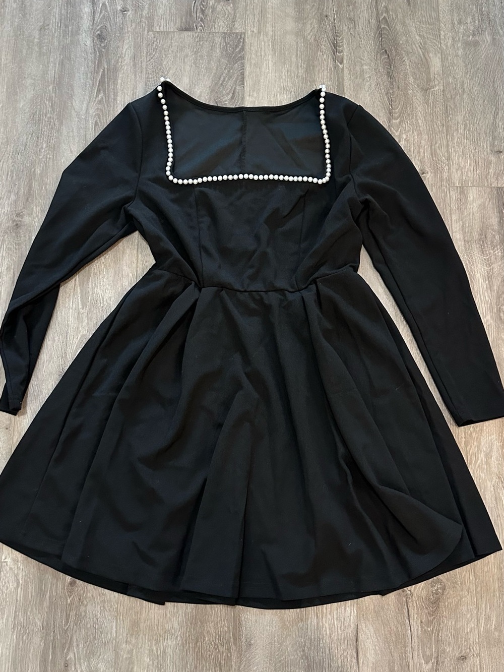 Black Pearl-Trim Long Sleeve Fit & Flare Dress